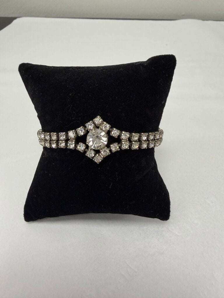 Silver & Rhinestone 2 Strand w/Single Round Center Bracelet