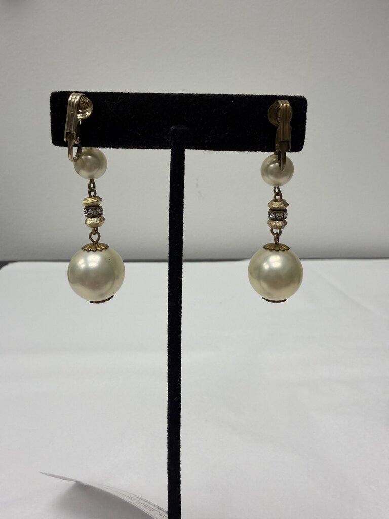 Gold & Faux Pearl Dangle Clip On Earrings