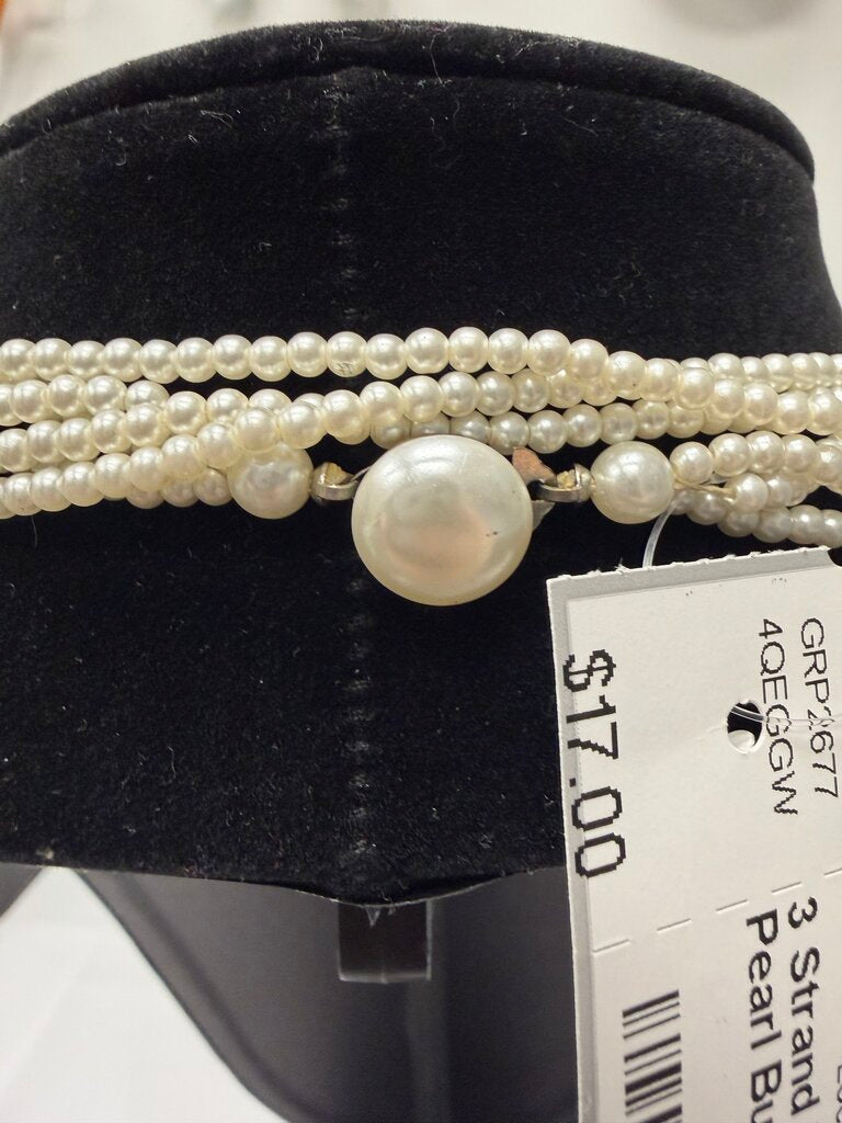 3 Strand Long Pearl Necklace Pearl Button Clasp