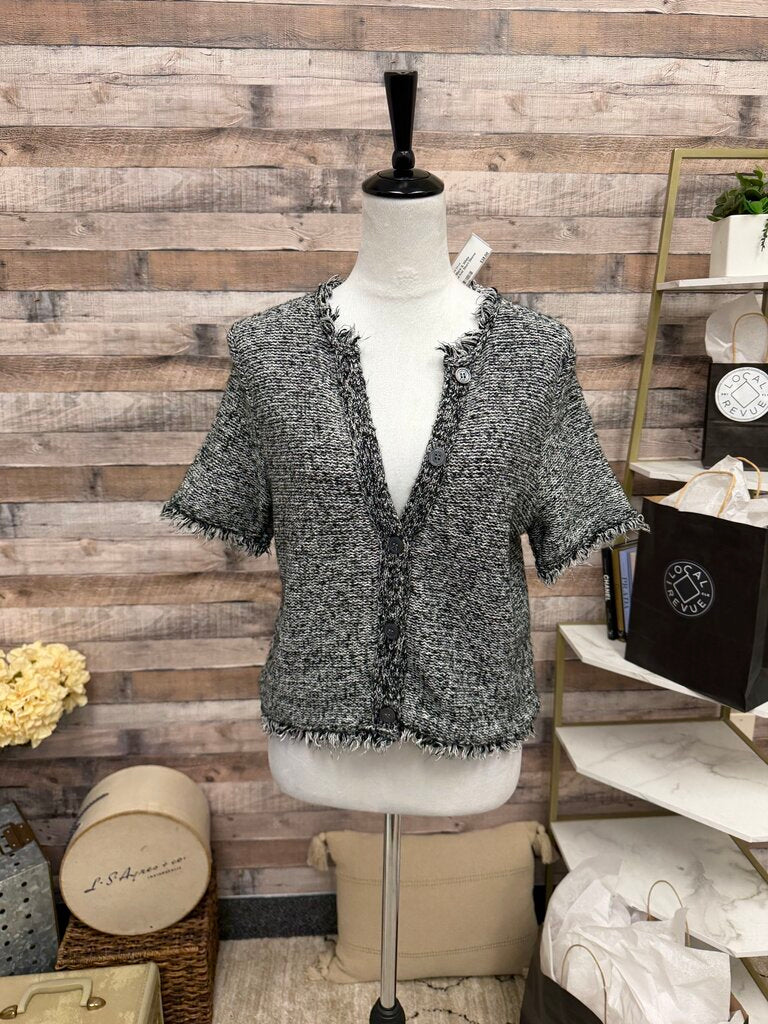 J. Crew Black & White Textured Knit Short-Sleeve Cardigan