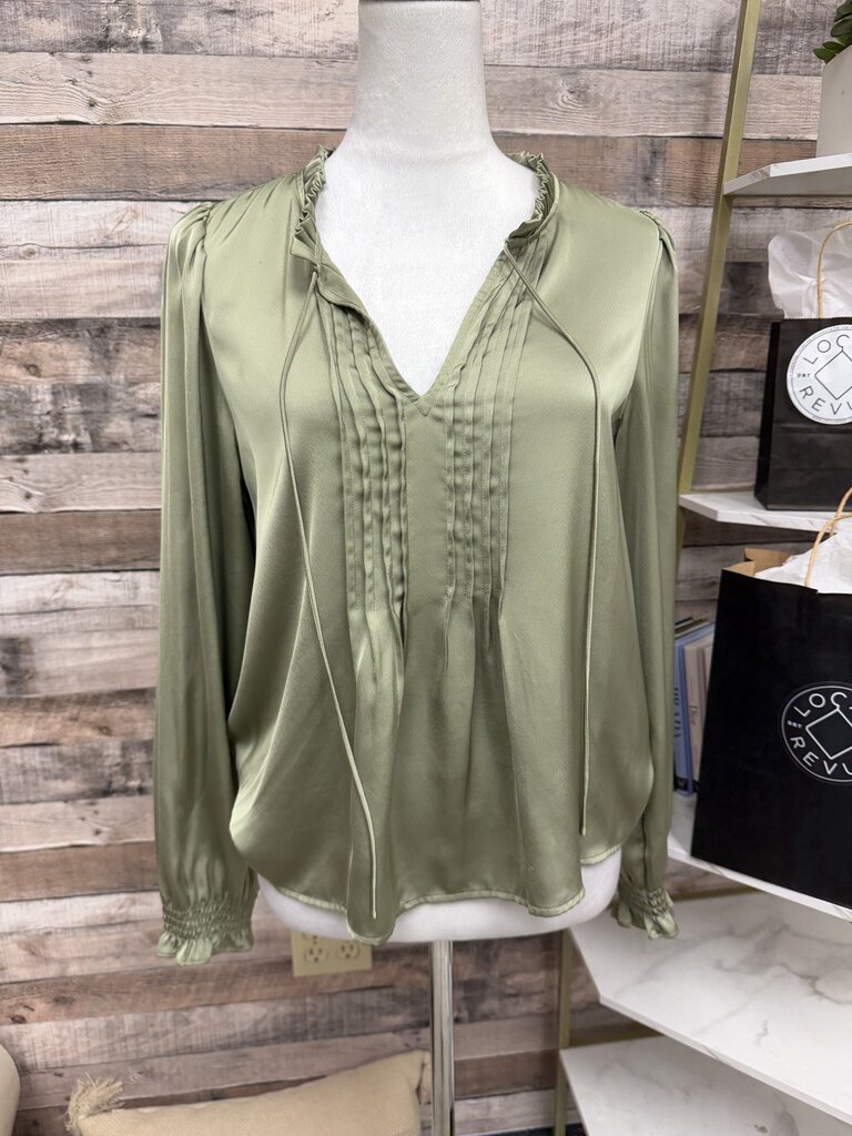 J. Crew Light Green Pintuck Ruffled V-Neck Blouse