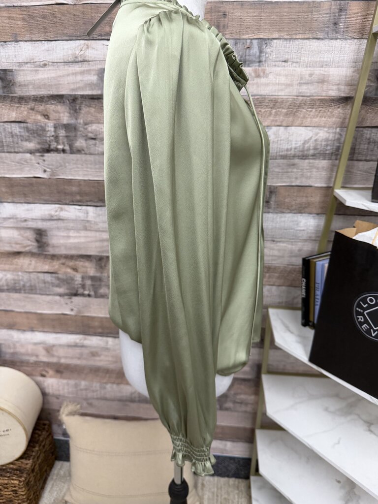 J. Crew Light Green Pintuck Ruffled V-Neck Blouse