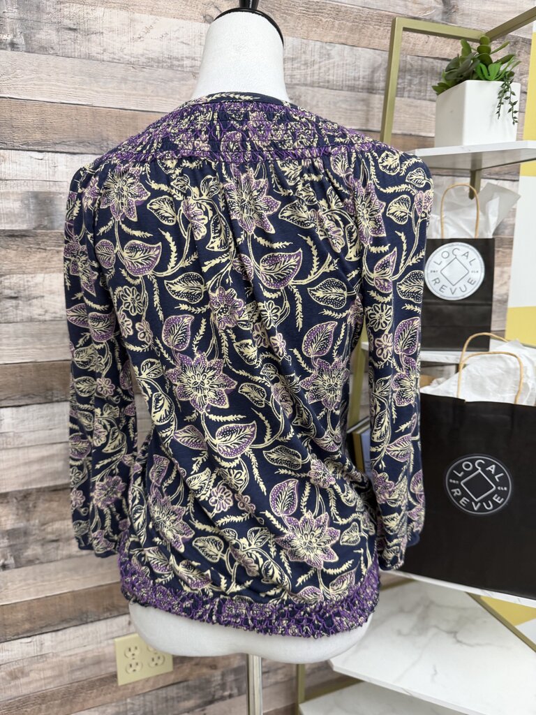 Lucky Brand Navy Blue Floral Print Smocked