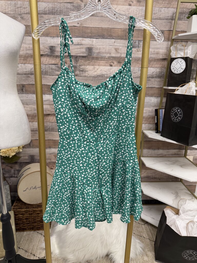 Green Floral Tie Shoulder Strap Mini Dress