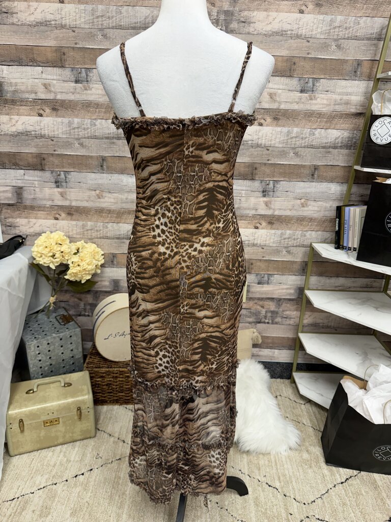 Brown Mixed Animal Print Ruffle Trim Maxi Dress