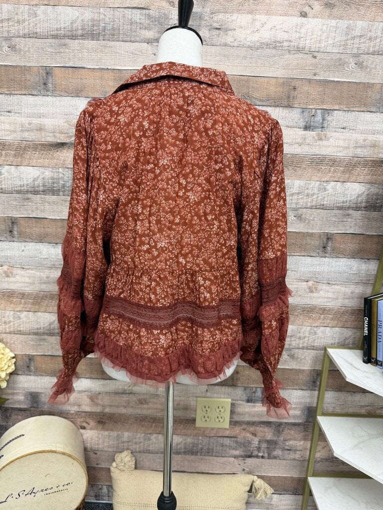 NWT Anthropologie Red Motif Ruffled V-Neck Blouse