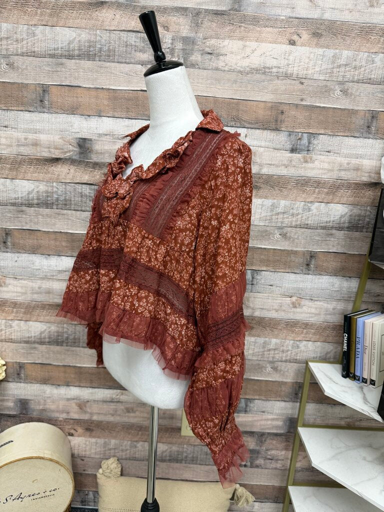 NWT Anthropologie Red Motif Ruffled V-Neck Blouse
