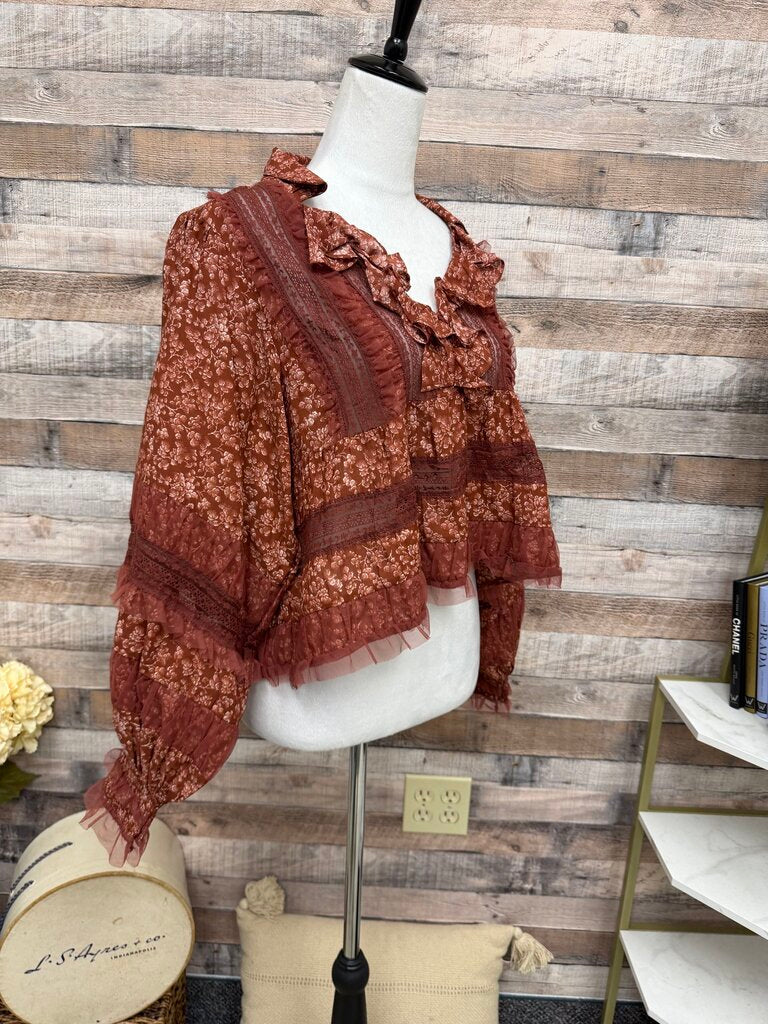 NWT Anthropologie Red Motif Ruffled V-Neck Blouse