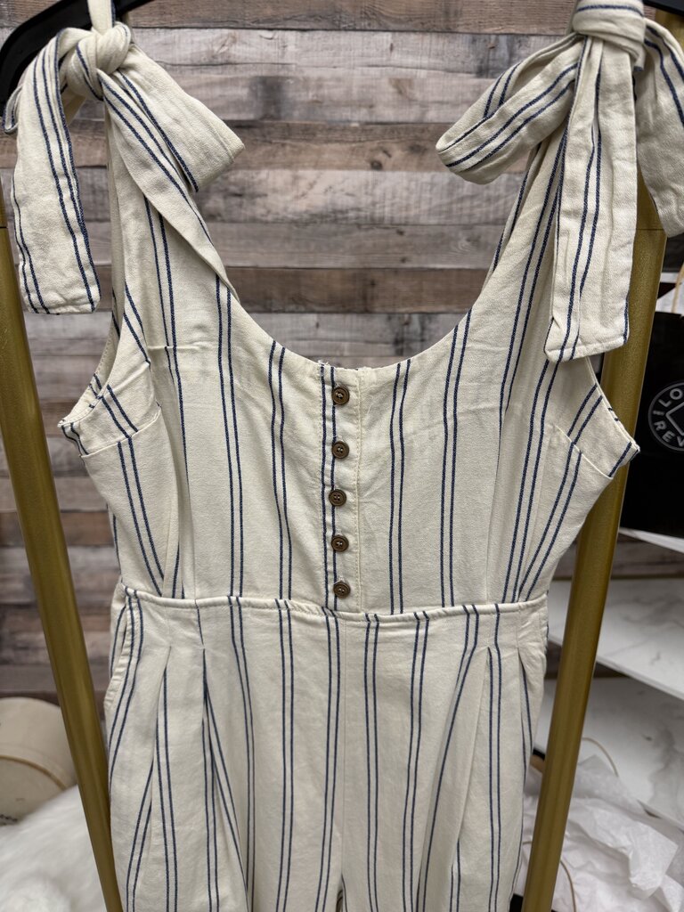 Free People Cream Navy Striped Linen Jumpsuit