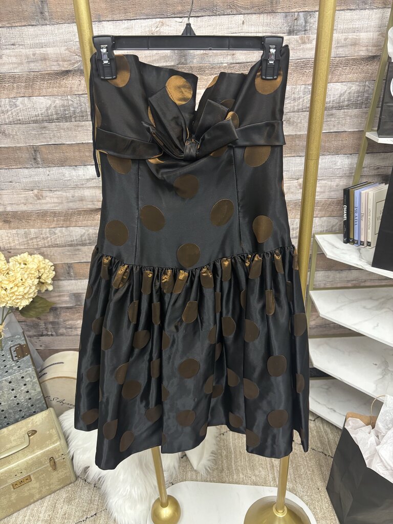 Victor Costa Black & Bronze Polka Dot Strapless Mini Dress