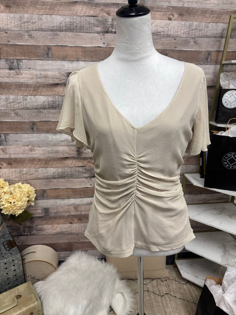 Saks Fifth Avenue Cream Ruched V-Neck Short-Sleeve Top
