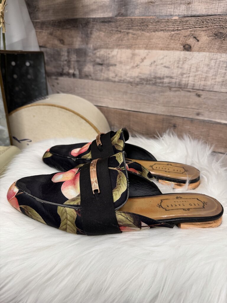 Ted Baker Black Satin w/Peach Print Mule