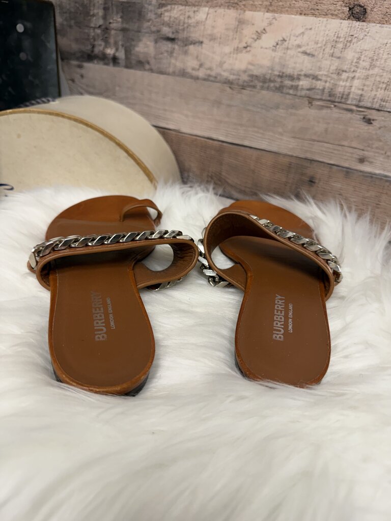 Burberry Cognac w/Silver Chain Toe Ring Slides