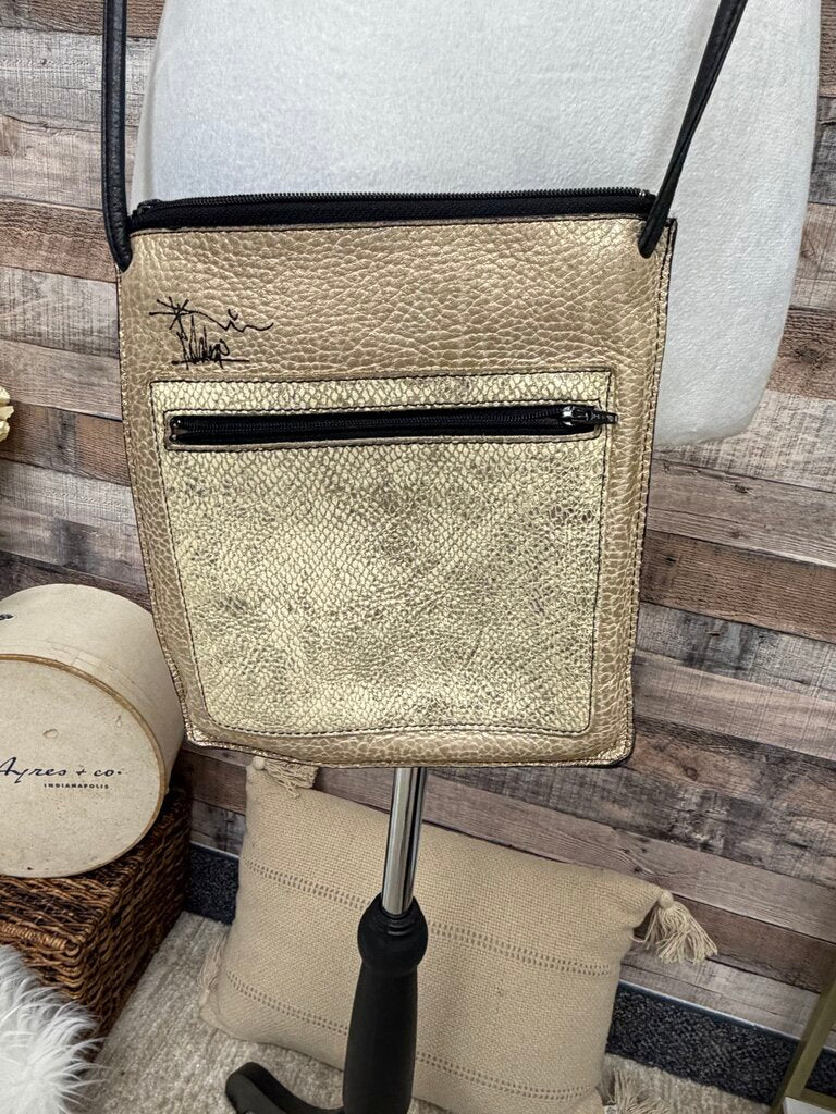 Gold Metallic Bag w/Black Crossbody Strap