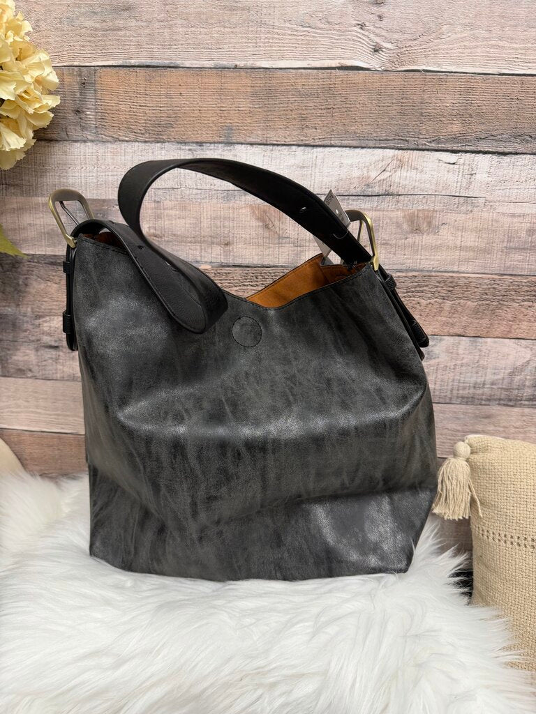 Grey & Silver Metallic Tote w/Rust Interior