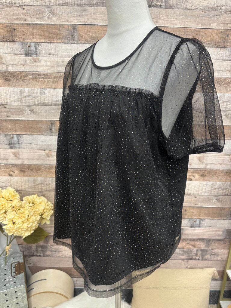 J Crew Black Tulle Short Sleeve w/Gold Dots