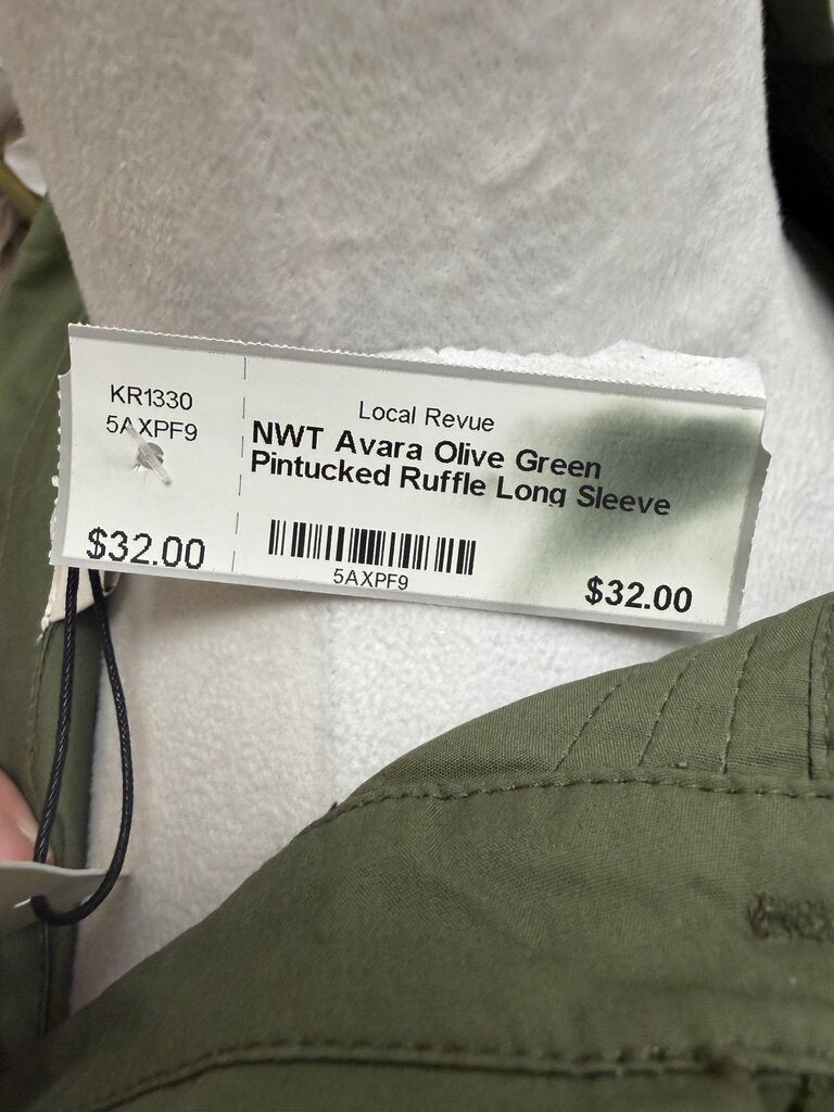 NWT Avara Olive Green Pintucked Ruffle Long Sleeve