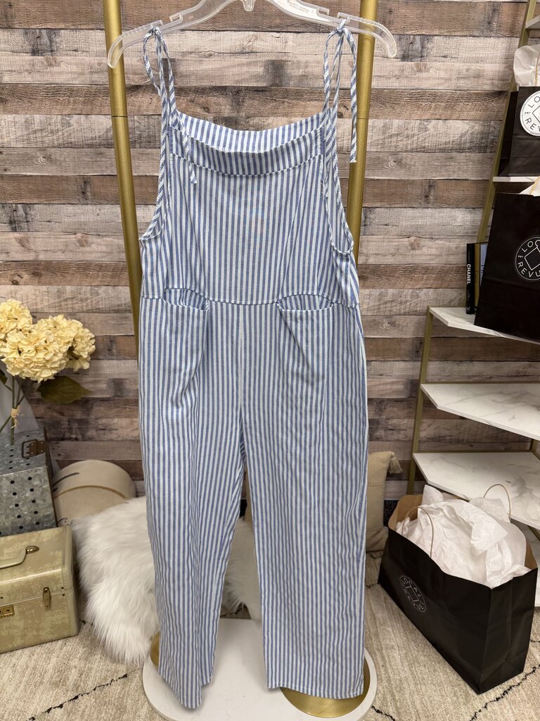 Blue & White Striped Overall-Style Cotton Jumpsuit