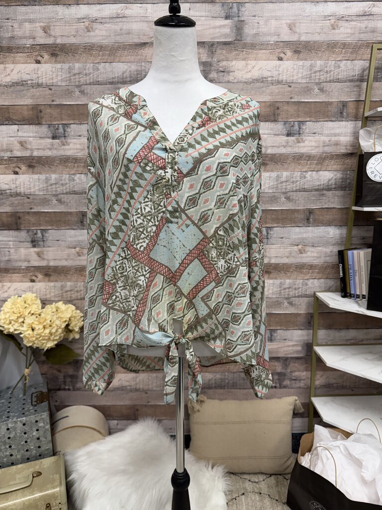 Chico's Green/Peach Tie Front Long Sleeve Blouse