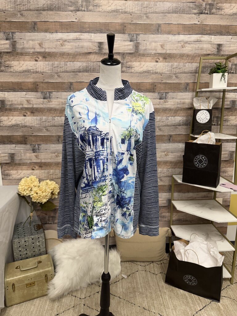 Zenergy by Chico's Navy & White Stripe Sleeve Full Zip