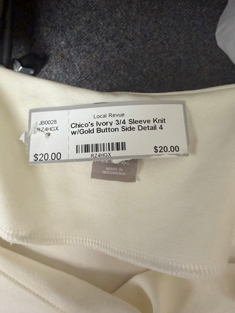 Chico's Ivory 3/4 Sleeve Knit w/Gold Button Side Detail