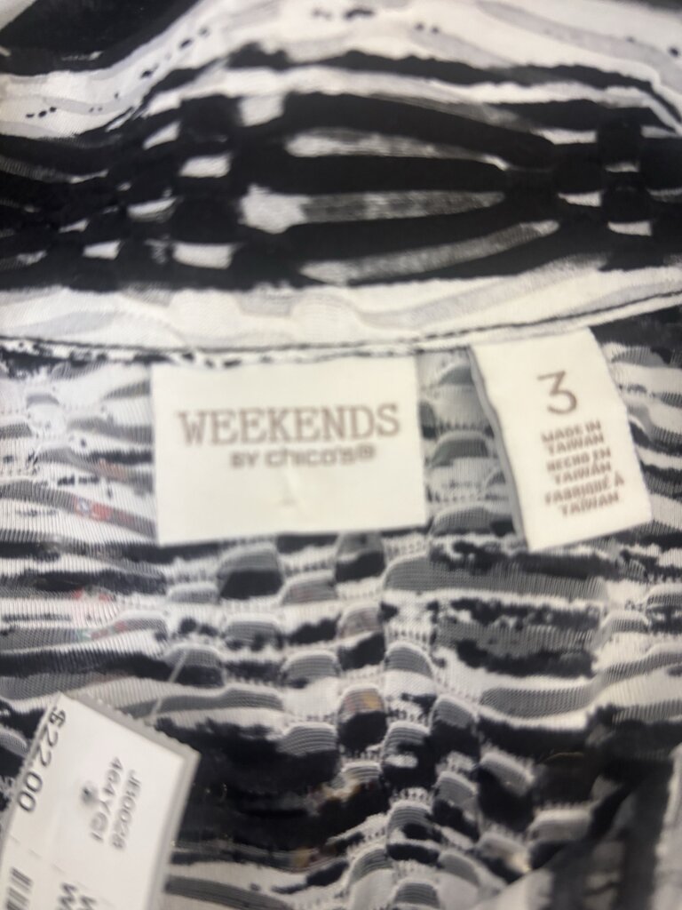 Weekends by Chico's Black & White Abstract Stripe Full Zip
