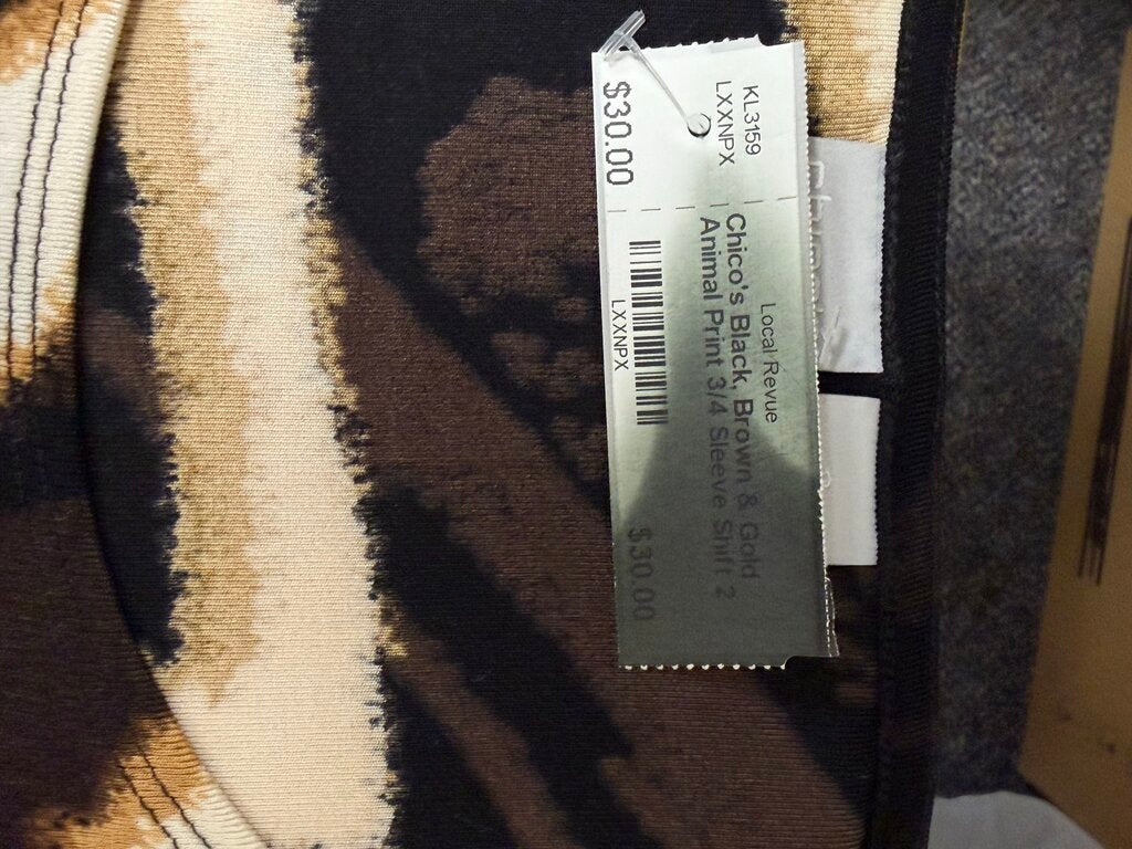 Chico's Black, Brown & Gold Animal Print 3/4 Sleeve Shift