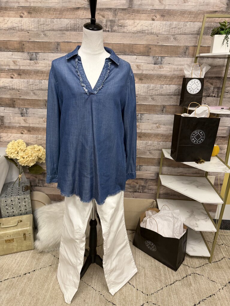 Chico's Tencel Blue Chambray Raw Hẻm Tunic