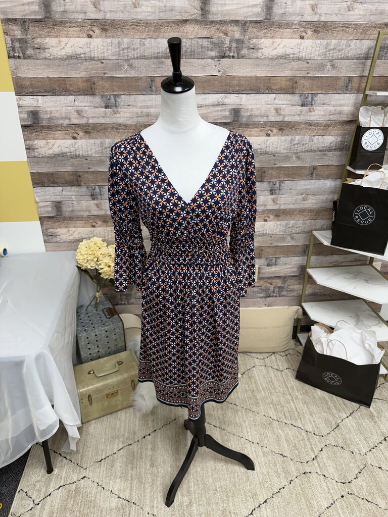 Navy & Coral Geo Print Elastic Waist V-Neck Dress