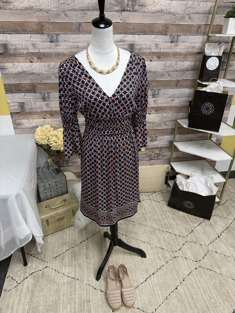 Navy & Coral Geo Print Elastic Waist V-Neck Dress