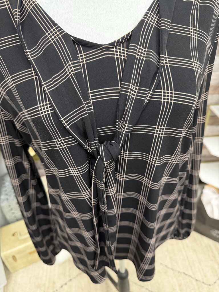 Ann Taylor Black & Tan Plaid Tie Front Blouse