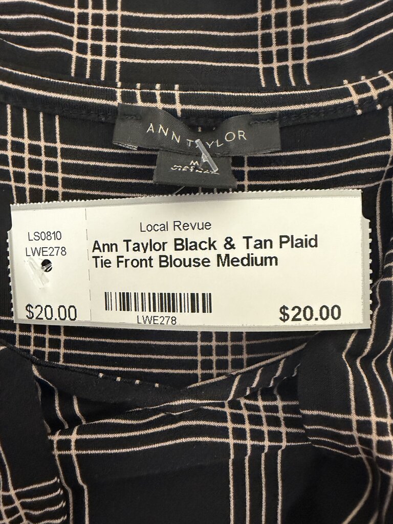 Ann Taylor Black & Tan Plaid Tie Front Blouse