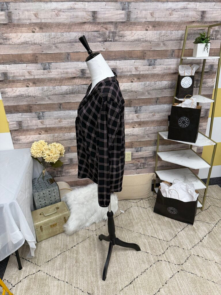 Ann Taylor Black & Tan Plaid Tie Front Blouse