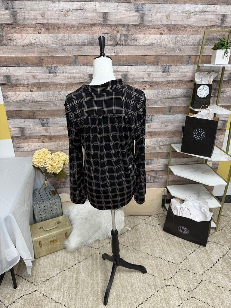 Ann Taylor Black & Tan Plaid Tie Front Blouse