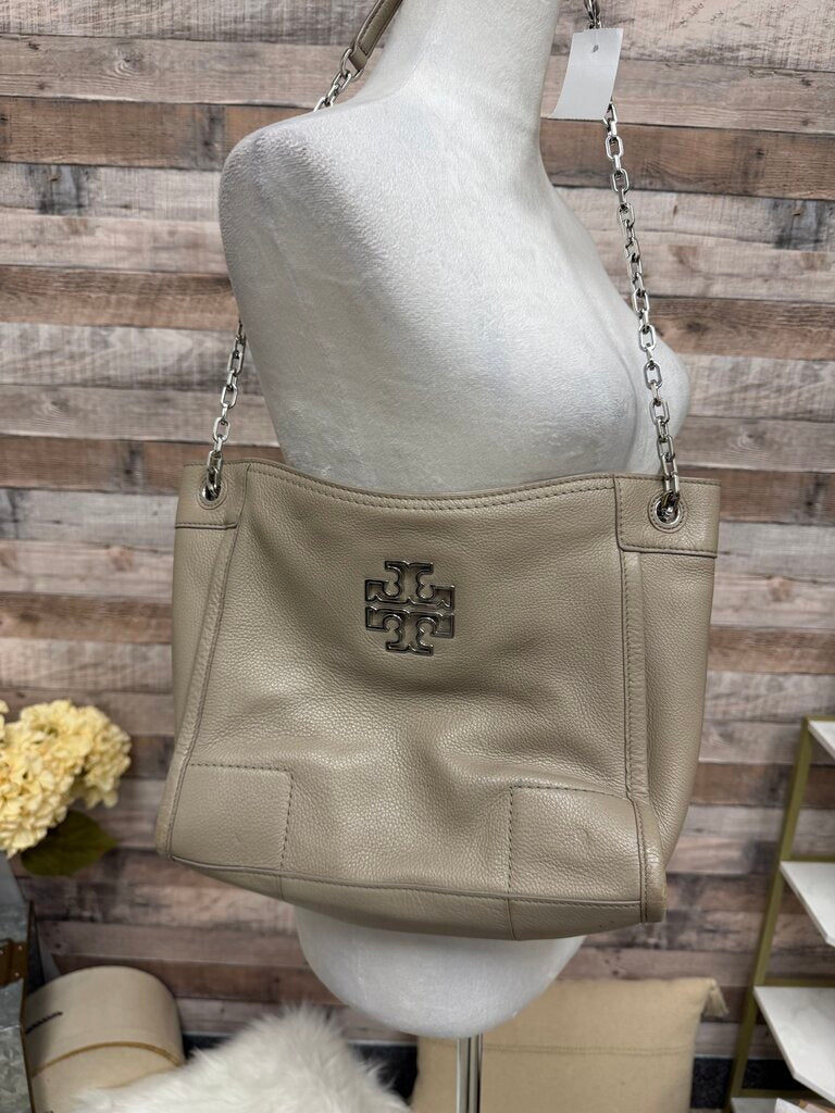 Tory Burch Khaki Pebbled Shoulder Tote w/Silver Chain