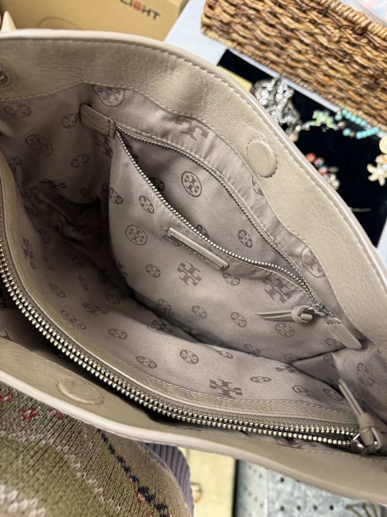Tory Burch Khaki Pebbled Shoulder Tote w/Silver Chain