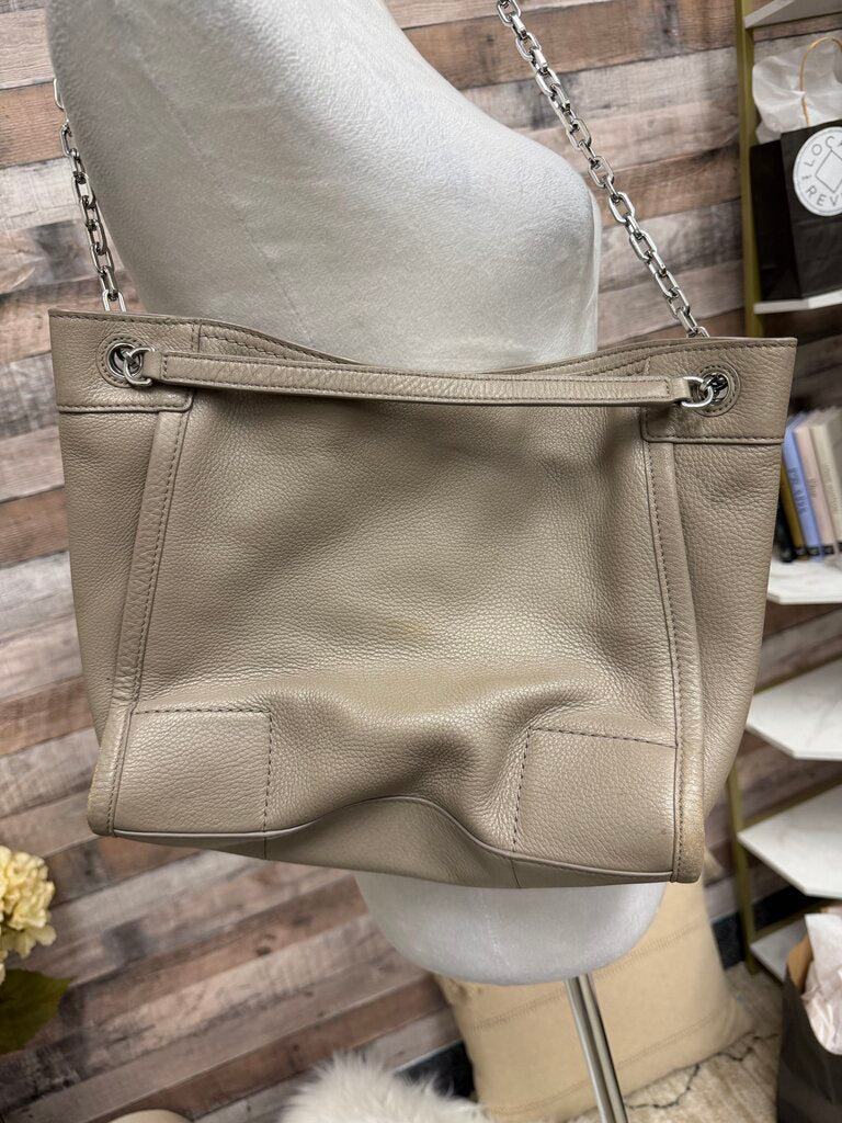 Tory Burch Khaki Pebbled Shoulder Tote w/Silver Chain