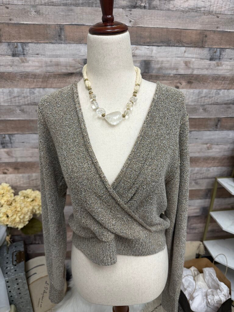 Free People Taupe/Gold Metallic Wrap Sweater