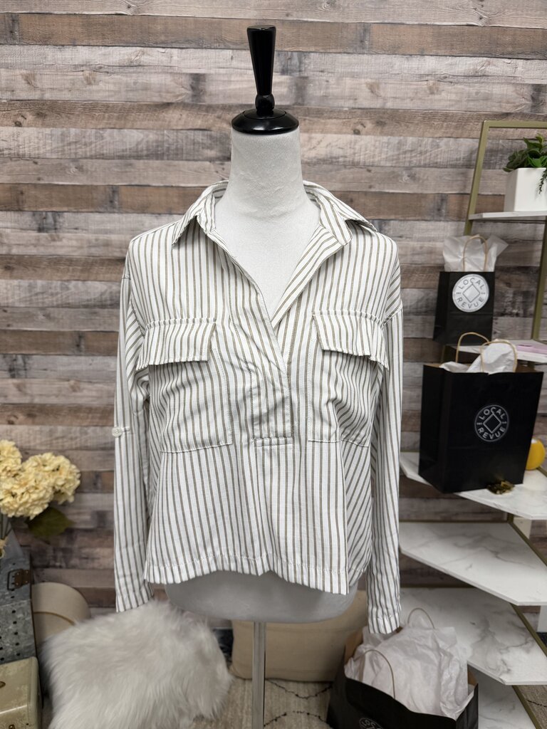 Max Studio Collard Long Sleeve Tan and White Button Down