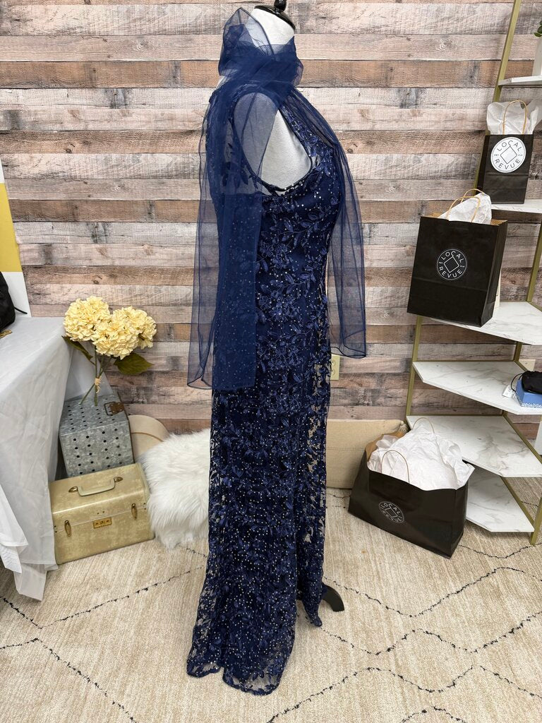 Alex Evening Navy Lace & Rhinestone Detail Gown