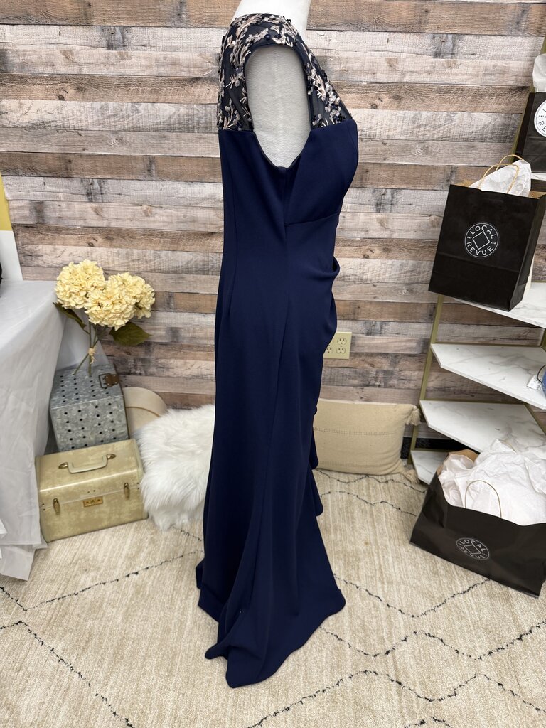 Alex Evening Navy Side Ruflle Embroidered Sleeveless Gown