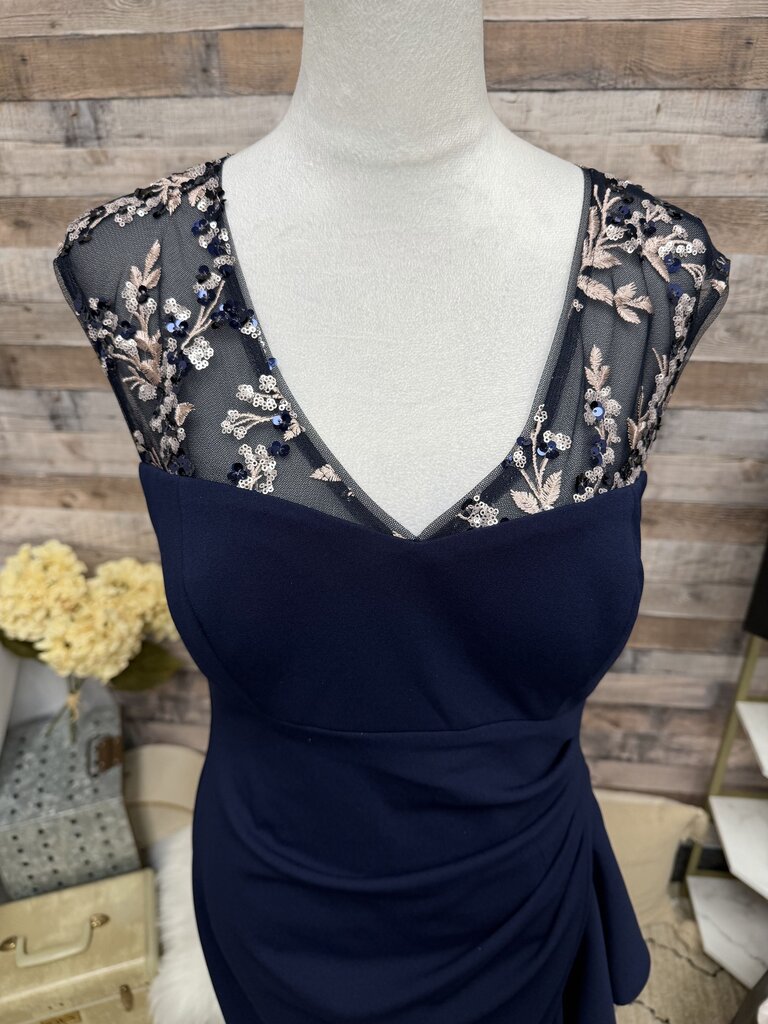 Alex Evening Navy Side Ruflle Embroidered Sleeveless Gown
