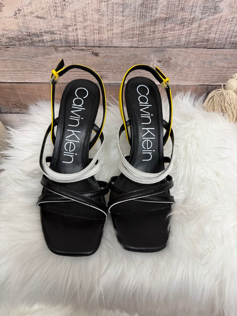 Black/White/Yellow Calvin Klein Leather Strappy Heeled Sandals