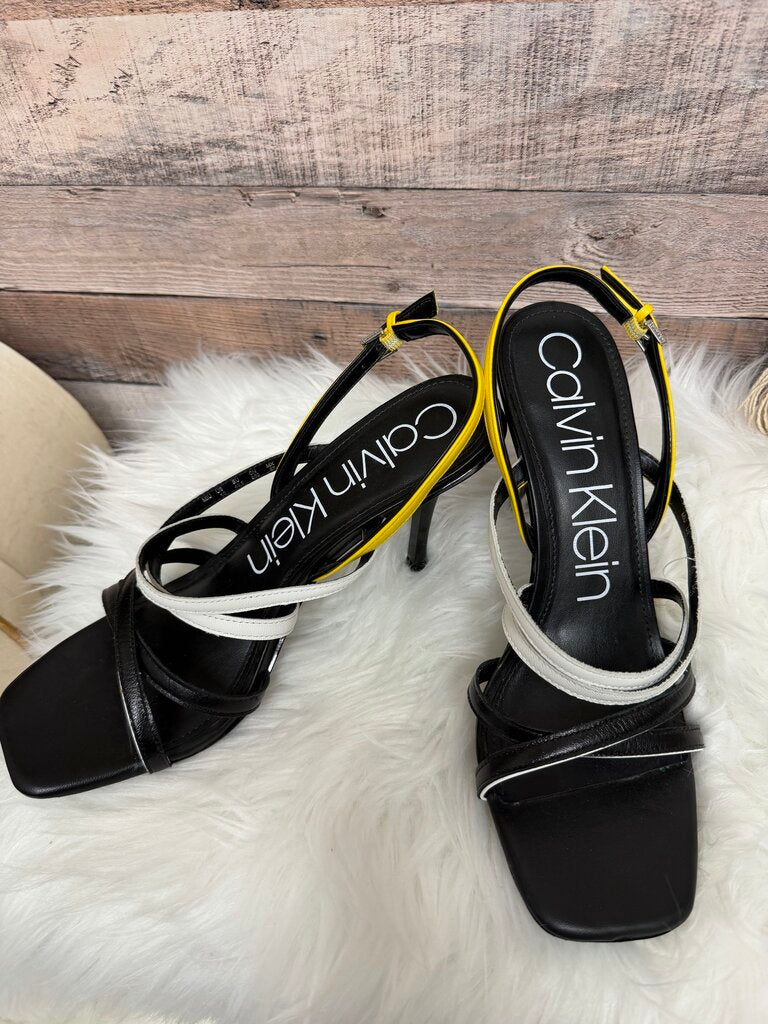 Black/White/Yellow Calvin Klein Leather Strappy Heeled Sandals
