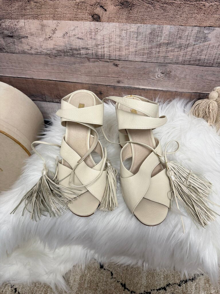 Tan Donald J Pliner Ankle-Tie Block Heel Sandals With Tassel Detail