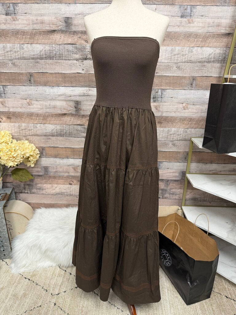 Brown Moon River Strapless Tiered Midi Dress