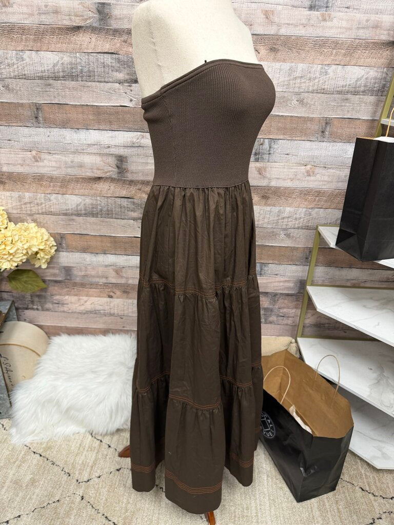 Brown Moon River Strapless Tiered Midi Dress