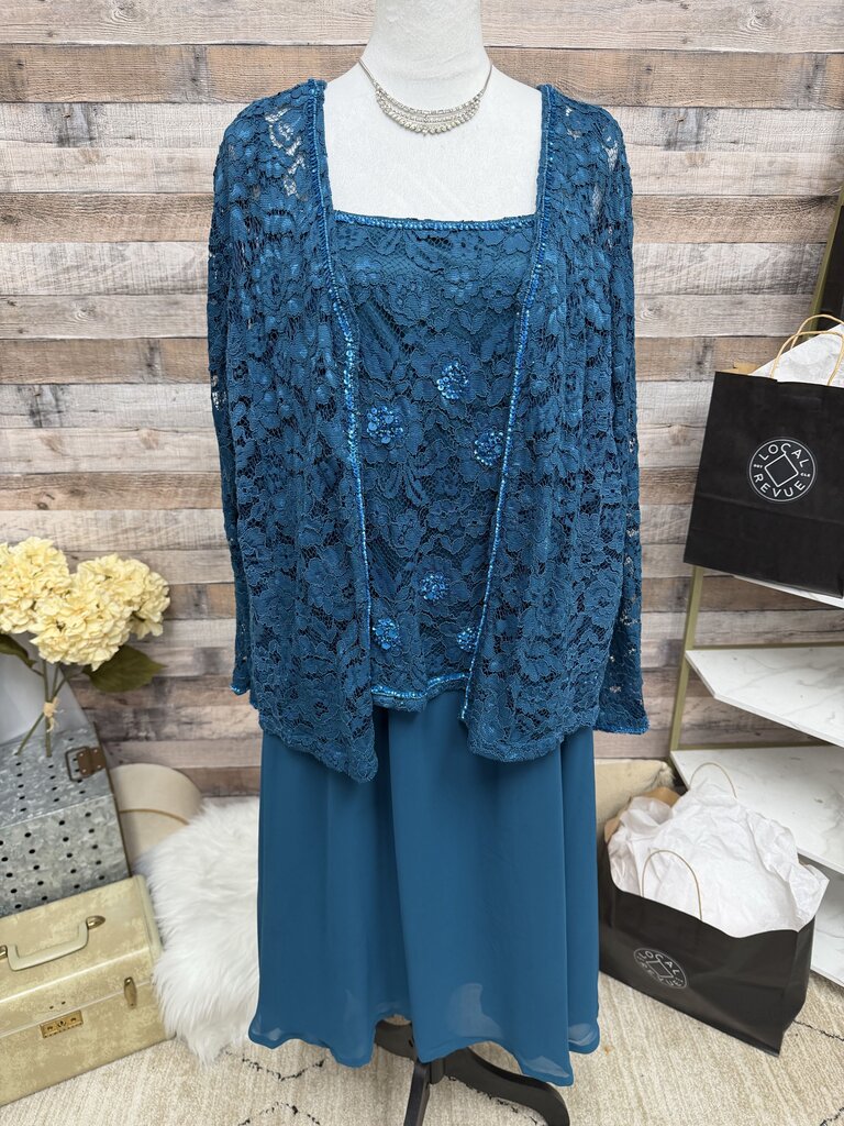 Roaman's Teal Blue Lace & Chiffon Formal Gown