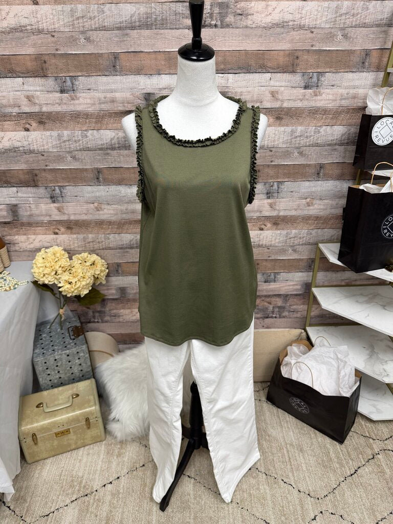 Periwinkle Olive Green Ribbed Ruffle Trim Tank
