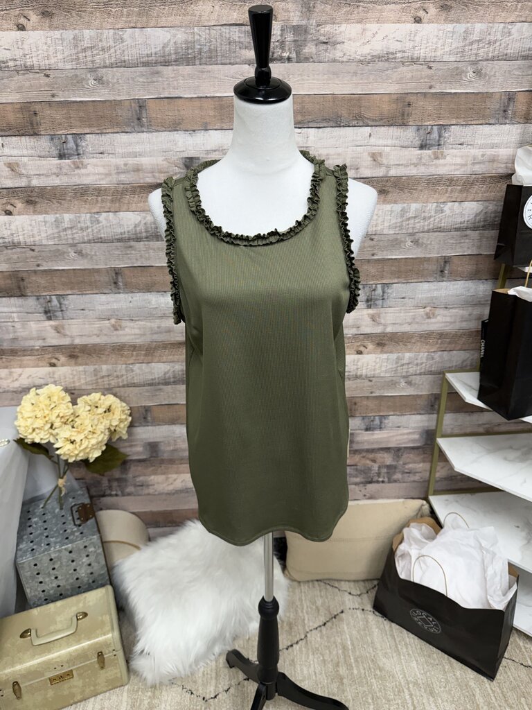 Periwinkle Olive Green Ribbed Ruffle Trim Tank